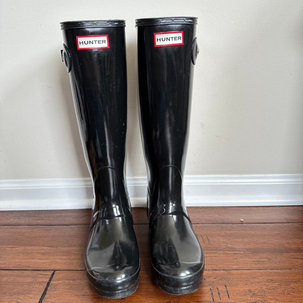 Hunter Rain Boots Women 6 Original Tall Black Gloss Unisex Knee High Gorpcore - Picture 2 of 8